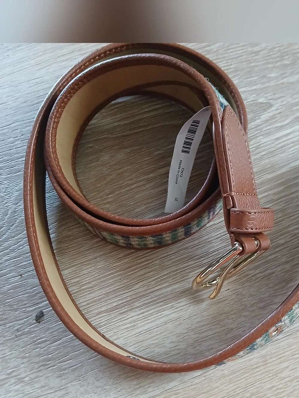 Talbots Belt Hybrid Fabric And Leather Hounds tooth Plaid Gold Tone Hardware XL